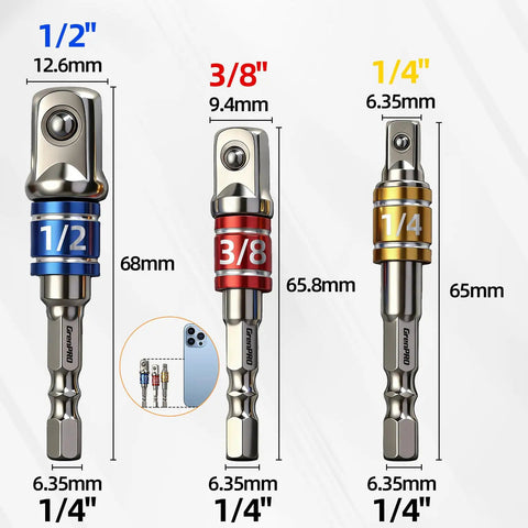 Impact Socket Adapter Extension Set Converts Your Drill To A Nut Driver With 1/4 Inch Hex Shank And 1/4 Inch 3/8 Inch 1/2 Inch Drive Cr-V Steel
