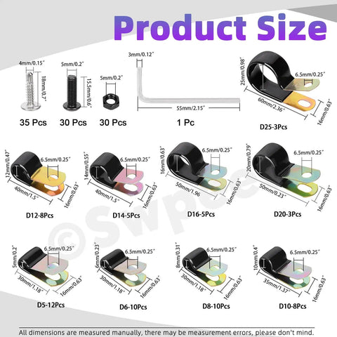 Product size chart for Go To DIY Cable Clamp And Hardware Kit With 161 Piece Bundle Including 64 Vinyl Coated Cable Clamps