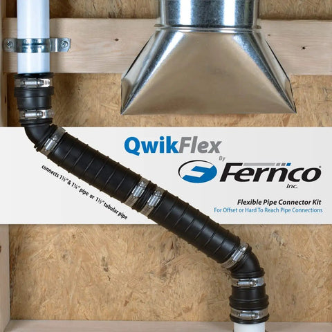QwikFlex 36 Inch Flexible Pipe Connector Kit for Offset or Hard To Reach 1-1/2 Inch SCH40 PVC DWV Connections installed on pipe