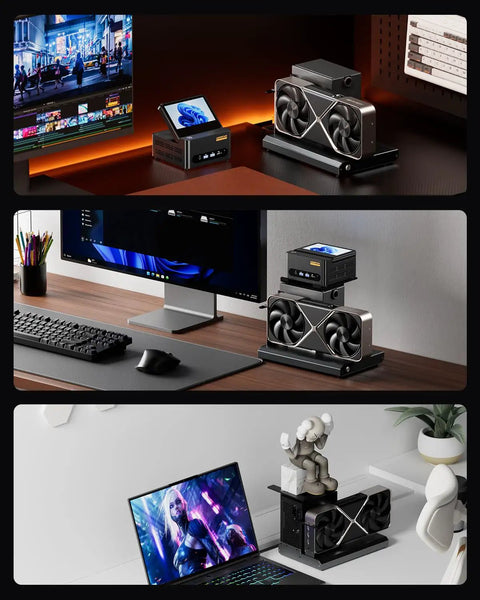 Rig Ready External GPU Docking Station Equipped With Dual Thunderbolt 5 And OcuLink PCIe 4.0 x4 Ports on a desk with PC setup.