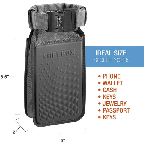 Front view of Safebox Portable Safe With 3 Digit Resettable Combination Lock, Slash Resistant Material, dimensions 8.5x5x2 inches.