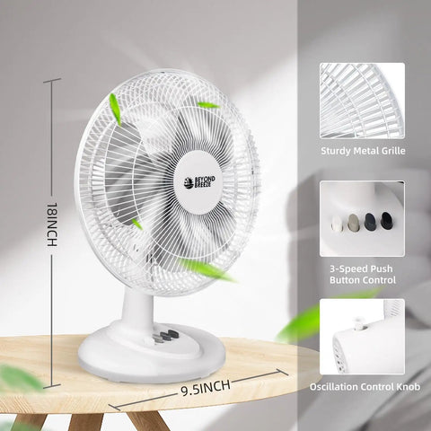 Oscillating Table Fan With Quiet Operation, 12 Inch Size, white fan with adjustable tilt head and safety grill on a table