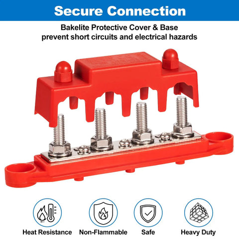 Heavy Duty 12V Bus Bar Power Distribution Block 250A Rock Solid Stainless Steel Junction Terminal Strip with red bakelite cover.