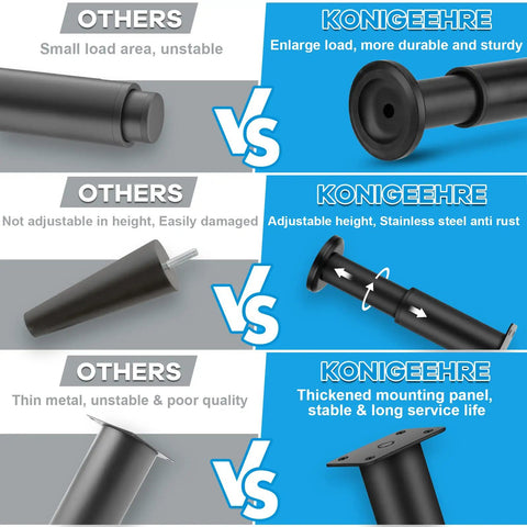 Comparison of heavy duty metal adjustable furniture legs with others, showing wide stable base, adjustable height, and durability features.