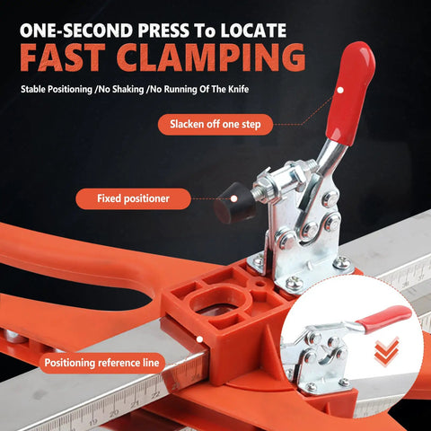 Pro Level Drywall Cutting Tool, Foldable Hand Push Design For Dead On Clean Slices showing fast clamping mechanism and positioning reference.