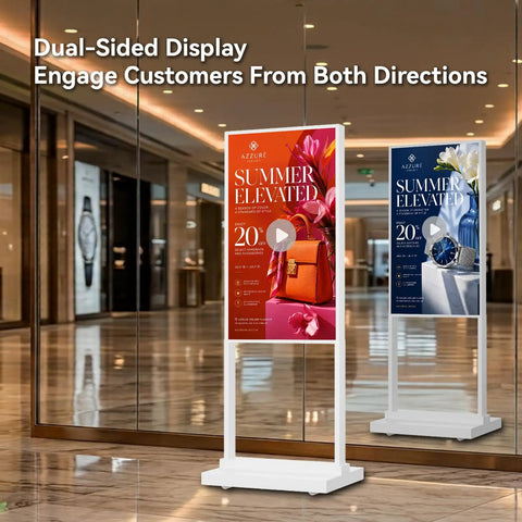 Plug And Play Ready Top Shelf 55 Inch Double Sided Digital Signage Kiosk With 4K Ultra HD Display Designed For Busy Retail Stores And Restaurants Smooth Operation Guaranteed, showing dual-sided display engaging customers.