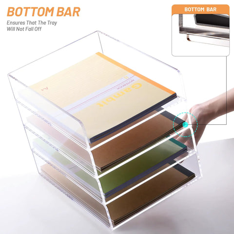 Clear Acrylic 4 Tier Stackable Desk Organizer Trays For A4 And Letter Papers Files Folders And Office Supplies Modular Desktop Storage Shelf For Home And Office Organization Keeps Your Desk Setup On Point.