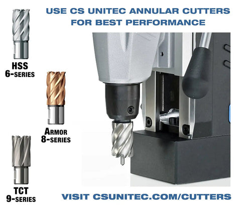 German Made Portable Magnetic Drill Press With Dual Speed Controls And A Beefy 9.5 Amp Motor That Smashes Through Heavy Steel Plate Jobsite Ready Compact Frame Shows annular cutters.