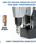 Heavy Duty Portable Magnetic Drill Press With Four Gear Speeds And Hardcore Drilling Power For No Sweat Job Site Work Up To Three Inch Holes And Ten Inch Stroke On Steel Plates with CS Unitec Annular Cutters displayed.
