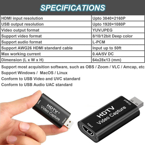 Hand holding HDTV Video Capture device with specifications chart detailing input resolution, formats, and dimensions.