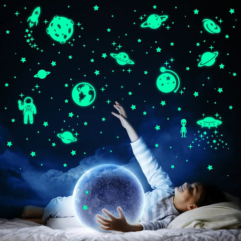 Child reaches for Dope Glow In The Dark Star Wall Decals Kit 260 Pieces For Ceiling And Wall Create Your Own Starry Sky scene