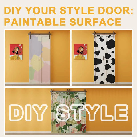 DIY paintable solid core bifold barn door options on display, showcasing colorful designs and smooth track system.