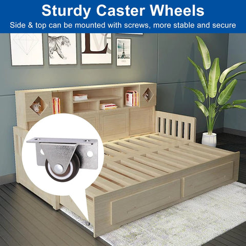 Low Profile Fixed Caster Wheels For Narrow Furniture Spaces Ideal For Drawers Cabinets And Trundle Beds Side Mount Non Swivel One And A Quarter Inch Small Wheel Set Of Four Load Thirty Six Lbs Each Concealed Design For Easy Furniture Renovation featured with bed.