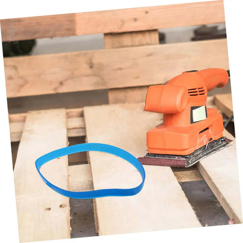 Aluminum Cutting Belt Set For Sander And Polisher 3 Piece Replacement Rubber Belts Blue next to orange sander on wood surface