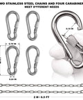 Dimensions of two 1/8 inch stainless steel heavy duty coil chains with four carabiners, 6.5 ft each, for multiple uses