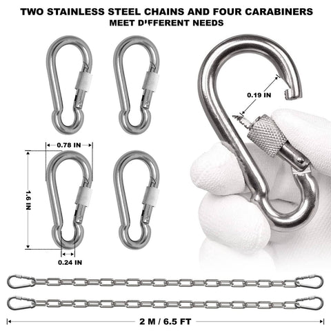 Dimensions of two 1/8 inch stainless steel heavy duty coil chains with four carabiners, 6.5 ft each, for multiple uses