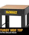 Heavy Duty Planer Stand With Smooth Rolling Mobile Base And Sturdy MDF Table Extra Lower Shelf Tradesman Approved Shop Upgrade Works Like A Champ Every Day. Close-up of MDF top with pre-drilled holes.
