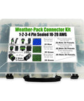 Ultimate Automotive Weather-Pack Connector Kit For 20 Amp Systems With Sealer Terminals And Housing For Male Female Quick Disconnect Splices Plus Wire Gauge Range From 10 To 20 Ga ready in plastic case