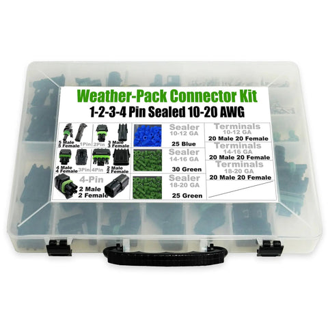 Ultimate Automotive Weather-Pack Connector Kit For 20 Amp Systems With Sealer Terminals And Housing For Male Female Quick Disconnect Splices Plus Wire Gauge Range From 10 To 20 Ga ready in plastic case