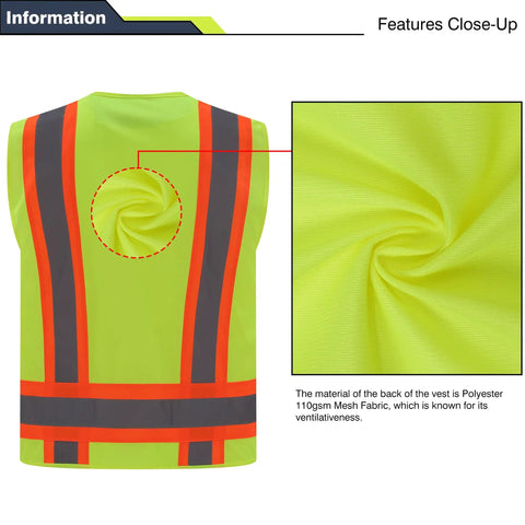 Kickin Hard On The Job With This Blaze Bright Hi Vis Safety Vest Packing 360 Degree Reflective Strips Built Tough For Rugged Construction Sites And Long Haul Grind Time Comfortable Xx Large Cut showing breathable polyester mesh fabric and reflective strips.