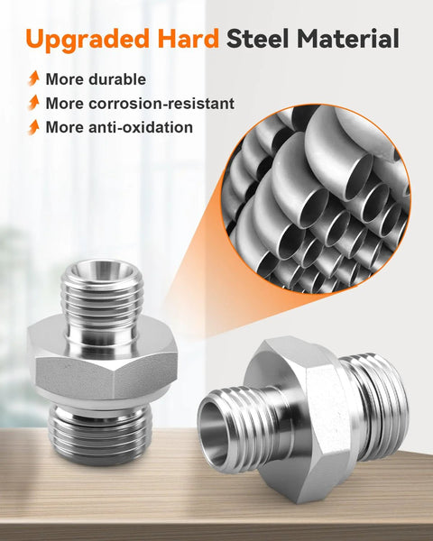 Two silver hard-steel pipe fitting adapters (14H–18ED) with male and female threaded ends.