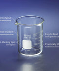 250 mL Pyrex borosilicate glass beaker with spout, clear markings, detailed laboratory features, not Griffin Borosilicate Glass Beaker.