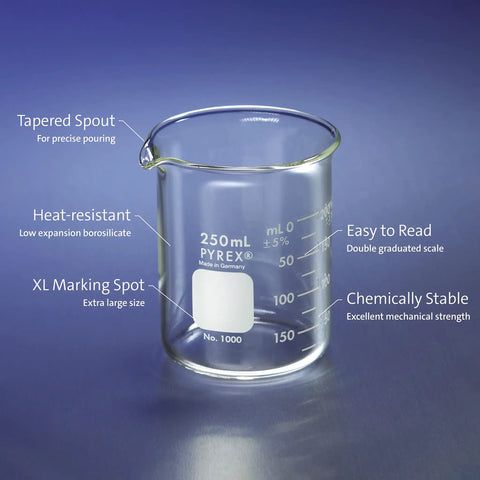 250 mL Pyrex borosilicate glass beaker with spout, clear markings, detailed laboratory features, not Griffin Borosilicate Glass Beaker.