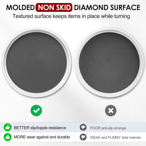 Comparison of non-skid surfaces on Four Pack 10 Inch Non Skid Lazy Susan Turntable Organizers For Cabinets Pantries Kitchen Fridge Vanity Under Sink And Spice Rack Storage Great For Grab And Go Organization And Easy Access In Any Space