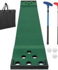 Indoor Outdoor 11Ft Golf Putting Mat Set with 2 adjustable putters, 6 balls, 12 hole covers, and carry bag displayed.