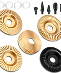 Pro Grade Wood Carving Disc Kit For 4 And 4.5 Inch Angle Grinders With 7/8 Inch Arbor showing gold and black discs, adapters, heads