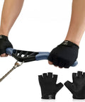 Hands wearing Grippy Water Sports Rowing Gloves with Silicone Palm gripping indoor rowing handle, gloves in Size XS visible.