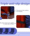 Six Pack Outdoor Patio Chair Cushions 20x40 Inch Waterproof All Weather Thickened Seat Pads For Rocking Deck Garden Furniture Navy Blue With Durable Stitching And Long Lasting Comfort showing anti-slip ties and elastic band on chair.