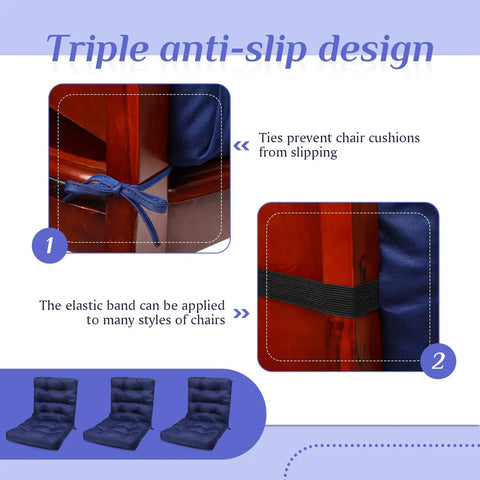 Six Pack Outdoor Patio Chair Cushions 20x40 Inch Waterproof All Weather Thickened Seat Pads For Rocking Deck Garden Furniture Navy Blue With Durable Stitching And Long Lasting Comfort showing anti-slip ties and elastic band on chair.