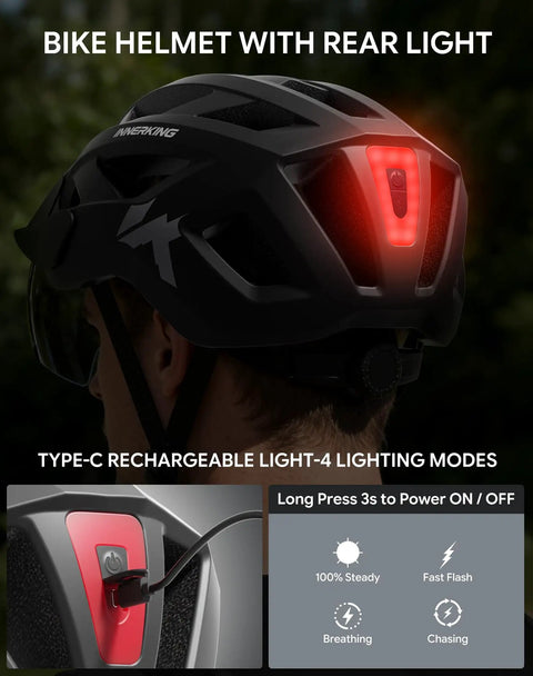 Lightweight Adult Bike Helmet With USB Rechargeable Rear Light, Detachable Magnetic Goggles, OTG Visor, rear light illuminated