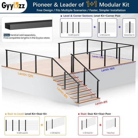 Slick Black 36 Inch Cable Railing Corner Post Featuring Ten Pre Drilled Deck Mounting Holes shown in modular outdoor deck layout.