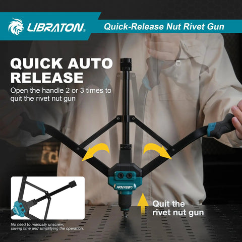 Rivet Nut Tool Kit 16 Inch Hand Rivnut Kit With 11 Interchangeable Mandrels And 110 Rivet Nuts, showing auto release