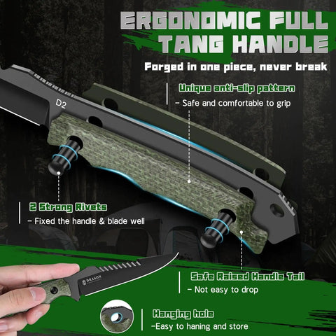 Beast Fixed Blade Outdoor Knife With D2 Steel Blade And Toothed Spine showcasing full tang handle with dual rivets and rugged grip.