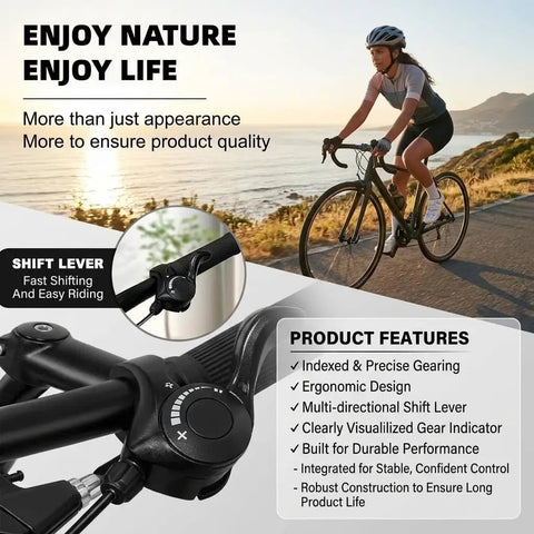 Cyclist using 7 Speed Right Thumb Trigger Shifter and 3 Speed Left Thumb Shift Lever Set on a road bike by the sea.