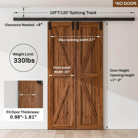 10 Foot Double Barn Door Hardware Kit Box Rail Wall Mount Exterior Beefy Heavy Duty Aluminum Track Supports Up To 330 Lbs Fits Double Doors Up To 60 Inches Wide Single Door Up To 30 Inches Wide Door Thickness One To One And Three Quarters Inches on wall with door measurement details.
