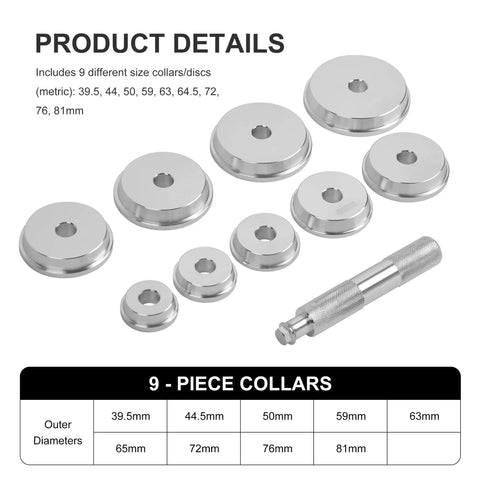 Nine Tool Wheel Bearing Race Seal Driver Installer Kit with nine aluminum collars for cars, trucks, SUVs, various sizes