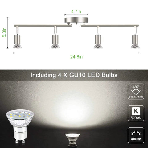 4 Light Track Lighting Kit With 24.8 Inch Matte Nickel Bar And Flexible Rotatable Heads, Includes 4 LED GU10 Bulbs 5000K