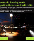 Two cyclists riding at night with 1200 Lumen Bike Lights Front And Back With USB Rechargeable Battery LED Bicycle Lights Headlights And Taillights With Electric Horn Auto Dimming And 4 Plus 4 Lighting Modes Perfect For Kids And Adults Night Rides And Emergencies, demonstrating automatic dimming under a streetlight.