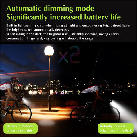 Two cyclists riding at night with 1200 Lumen Bike Lights Front And Back With USB Rechargeable Battery LED Bicycle Lights Headlights And Taillights With Electric Horn Auto Dimming And 4 Plus 4 Lighting Modes Perfect For Kids And Adults Night Rides And Emergencies, demonstrating automatic dimming under a streetlight.