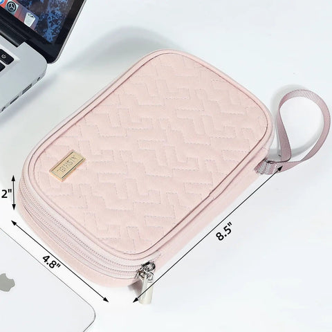 Travel Cord Organizer Case With Dual Layer Design For Chargers Cables Phone USB Drives And Small Gadgets Medium Pink Tech Organizer Bag With Elastic Straps And Zipper Mesh Pockets For Easy On The Go Storage, showing dimensions of 8.5 x 4.8 x 2 inches.