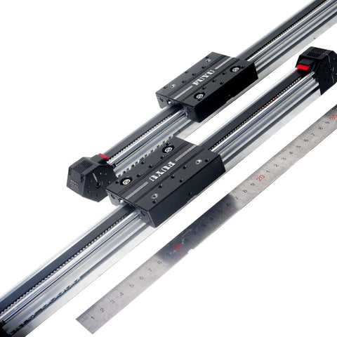 FPB30 Linear Guide Belt Drive Module With Nema 17 Stepper Motor For CNC Rigs 2000mm Stroke Work Size Ultra Slim 30mm Wide Aluminum Rail High Speed Precision System, shown with ruler