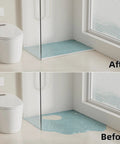Comparison of bathroom floor before and after installing 39 Inch Slick Silicone Splash Guard For Kitchen Sink Countertop Self Grip Edging.