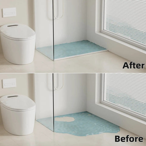 Comparison of bathroom floor before and after installing 39 Inch Slick Silicone Splash Guard For Kitchen Sink Countertop Self Grip Edging.