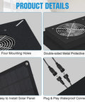 Product details for the 20W Solar Dual Exhaust Fan featuring waterproof metal housing, mounting holes, and easy solar panel install.