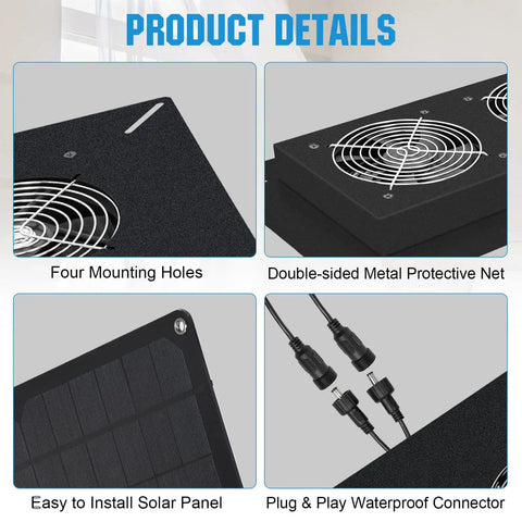 Product details for the 20W Solar Dual Exhaust Fan featuring waterproof metal housing, mounting holes, and easy solar panel install.