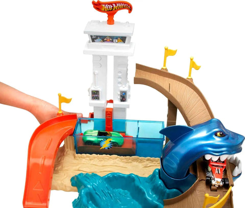 Hot Wheels Color Shifters Sharkport Showdown Track Set with 1:64 scale car, dunk tank, and chomping shark visible.